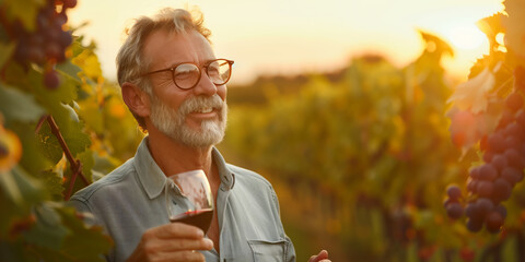 Handsome successful winemaker tasting a flavor of his wine. Sommelier checking red wine quality in vineyards at sunset.