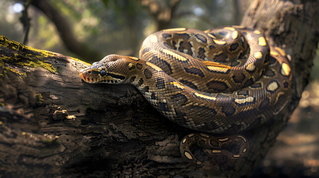 Sunbathing python curled around ancient tree trunk