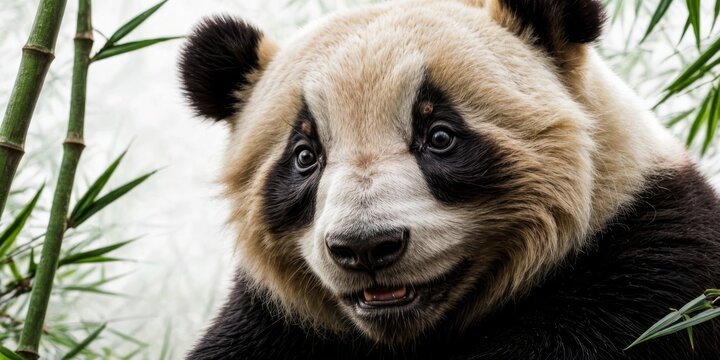   Close-up of a sad panda bear beside a bamboo tree, looking directly at the camera