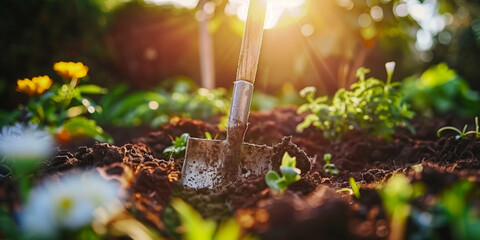Shovel in soil in a garden. Preparing the soil for gardening by digging holes and using compost. Creating flowerbeds for landscaping, transplanting flowers from a pot into the ground. - obrazy, fototapety, plakaty
