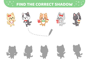 Find the correct shadow. Funny kittens with gifts and flowers. Shadow matching game. Cartoon, vector