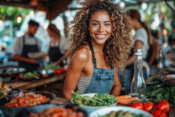 Charismatic woman with curly hair smiling at the camera in a bustling market