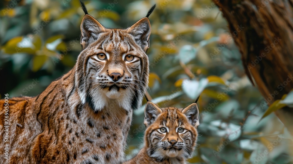 Poster male lynx and cub portrait with text space on left, balanced by object on right side
