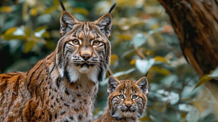 Fototapeta premium Male lynx and cub portrait with text space on left, balanced by object on right side