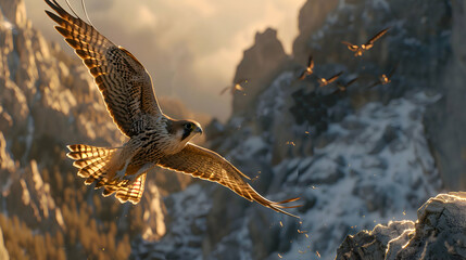 Swift falcon diving through the crisp mountain air in search of prey - obrazy, fototapety, plakaty