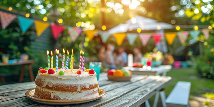 Birthday cake on a wooden table in sunny garden. Summer birthday party on backyard with garland and cake.