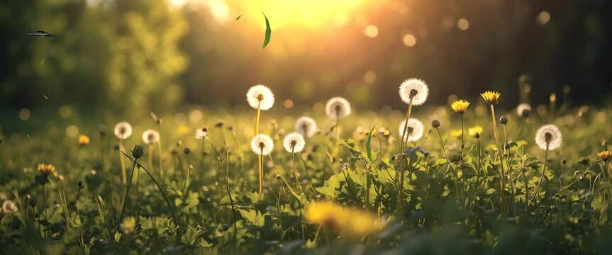 Explore the magical atmosphere of a meadow filled with herbs and dandelions, bathed in the soft, golden glow of the morning sun, creating a scene of natural splendor in immersive 4K video.