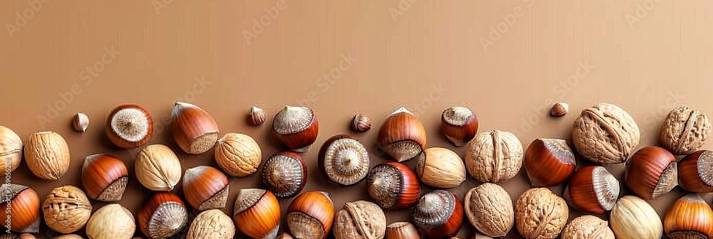 Aufkleber assortment of various nuts on neutral backdrop offering generous space for customized text placement
