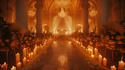 A candlelit wedding scene, with soft lighting and romantic ambiance