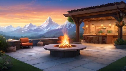 illustration vignette of a cozy outdoor space with elements such as a fire pit, pergola, and garden bed against the backdrop of a snowy mountain view and romantic sky colors. ai generated - obrazy, fototapety, plakaty
