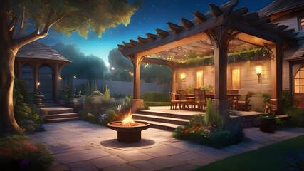 sketch illustration of a comfortable outdoor space with elements such as a fire pit, pergola, and garden bed in a romantic sky color. ai generated - obrazy, fototapety, plakaty