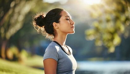  Fitness, woman and yoga breathing in relax for spiritual wellness, mental wellbeing or calm exercise in nature. Female relaxing, exercising and training in warm up breath activity for healthy workout