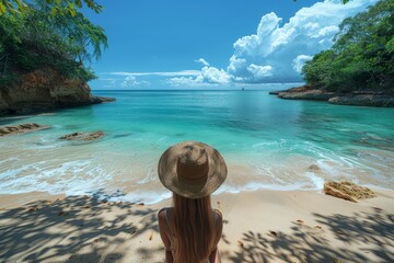 An idyllic view of a woman in a sunhat observing the azure waters of a secluded tropical beach
