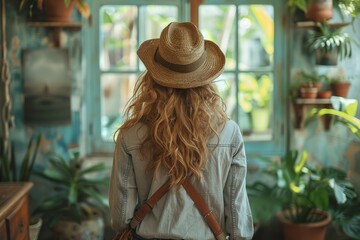 A woman in a straw hat facing away, surrounded by lush greenery in a botanical indoor garden