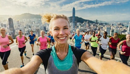 female marathon runner is taking a selfie picture while running , crowd of other runners and city...