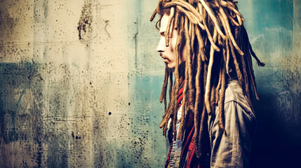A woman with dreadlocks is standing in front of a wall