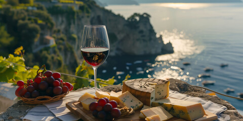 Glass of red wine and delicious cheese plate in a restaurant overlooking beautiful Mediterranean landscape.