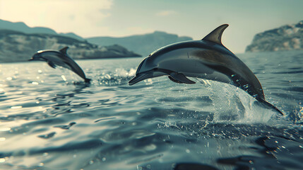 Fototapeta premium Two playful dolphins leaping gracefully above the water