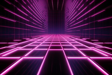 grid thin magenta lines with a dark background in perspective - obrazy, fototapety, plakaty