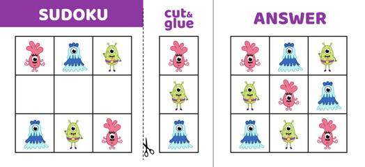 Easy sudoku with three aliens. Game puzzle for little kids. Cut and glue. Cartoon