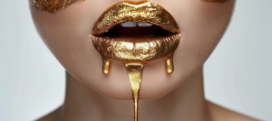 Golden makeup drips  model with metallic skin, lips, and nails in gold paint and gloss
