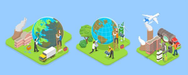3D Isometric Flat Vector Illustration of Carbon Footprint Reduction , Net Zero Emissions and Carbon Dioxide Neutral Balance