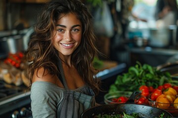 Smiling woman chef in a kitchen surrounded by fresh, colorful vegetables and cooking background