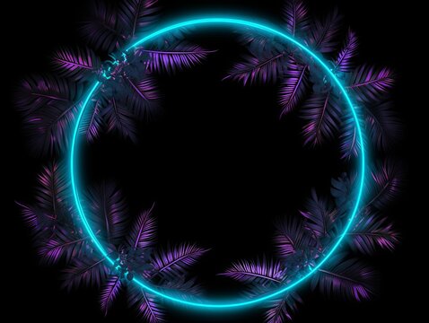Indigo neon frame with leaves on black background, in the style of circular shapes, tropical landscapes