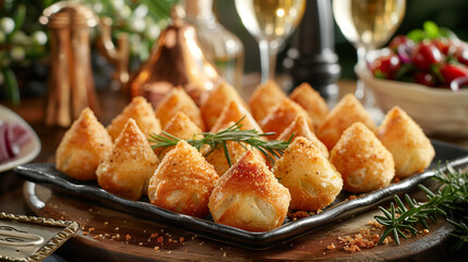 Coxinhas as elegant appetizers at a cocktail party - obrazy, fototapety, plakaty