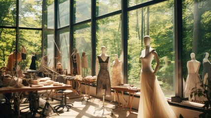 interior of the fashion designer studio is a personal room with various sewing items, fabrics, and mannequins.