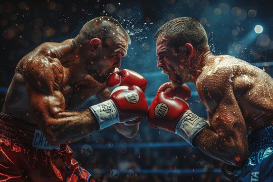 Two boxers mid-fight captured with impeccable detail, highlighting the dynamic movement and intensity of the sport
