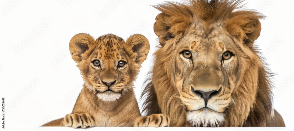 Poster male lion and lion cub portrait with empty space for text and object on the right side