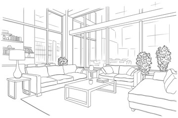 Spacious living room in loft style with large windows and furniture. Linear vector drawing.