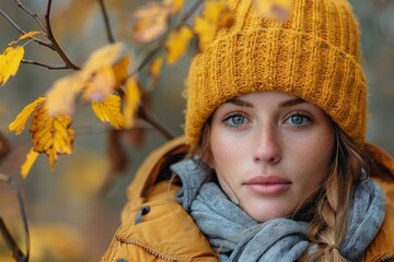 Serene faced woman wearing a yellow beanie and jacket surrounded by fall foliage