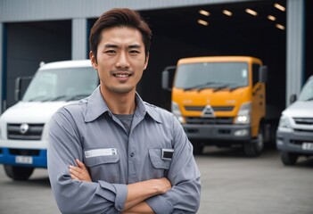 Smiling Japanese truck driver taking a break after a successful delivery, Asian driver showcasing the pride of truck driving, Warehouse delivery: The essential role of truck drivers in the supply chai
