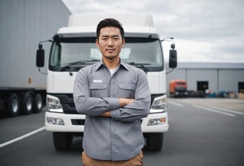 Fototapeta na wymiar Smiling Japanese truck driver taking a break after a successful delivery, Asian driver showcasing the pride of truck driving, Warehouse delivery: The essential role of truck drivers in the supply chai