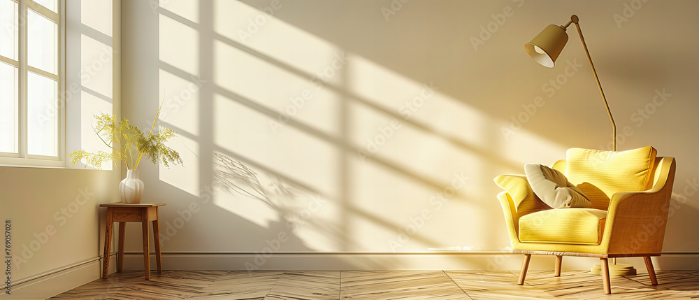 Poster serene room with sunlight casting shadows on white walls, empty space with minimalist design and abs