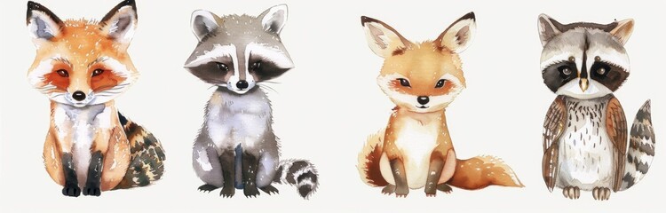 Watercolor cute hand drawn baby woodland animals clip art, 4 animals isolated on white background, nursery style, raccoon, fox, deer with antlers and owl, neutral pastel colors.