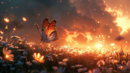 Naklejka premium Butterfly on daisies in magical sunset light - Majestic butterfly alights on daises as sunset gives a warm, magical backdrop creating a tranquil and romantic scene