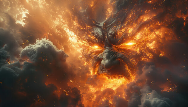 Silhouette of the fiery face of the god in the clouds. A vision of the biblical apocalypse. The god of fire. Burning eyes. The annihilation of mankind