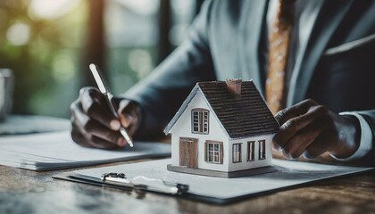  House model on the table, real estate agent or customer signing contract to buy house, insurance or mortgage loan - obrazy, fototapety, plakaty