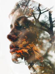 Double exposure portrait of woman and autumn - An artistic double exposure image merging a woman's profile with autumn foliage, symbolizing change and introspection