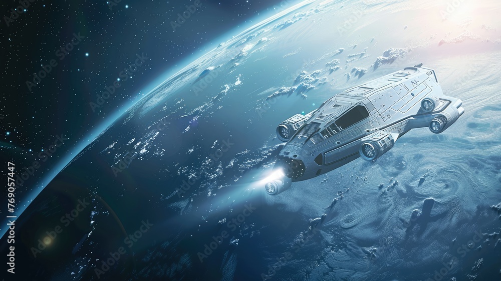 Poster exploring space with armored spacecraft - an image capturing a highly detailed armored spacecraft fl