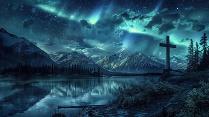 Enchanting Cross Under Starry Northern Lights - A single cross stands under the enchanting northern lights, with snow-covered peaks providing a majestic backdrop, manifesting a profound tranquility - obrazy, fototapety, plakaty
