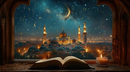 Enchanting Mosque View under Cosmic Skies - This image captures a mysterious mosque under a star-filled sky that conjures feelings of wonder - obrazy, fototapety, plakaty