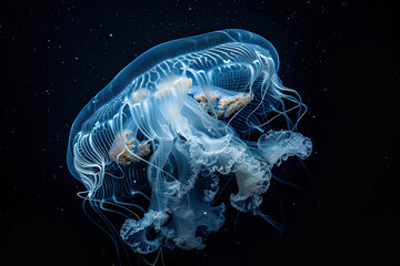 a jellyfish, light contrast, pure black background - obrazy, fototapety, plakaty