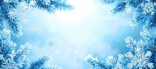 Fototapeta na wymiar Snowflakes and spruce branch frame for festive christmas background with space for text