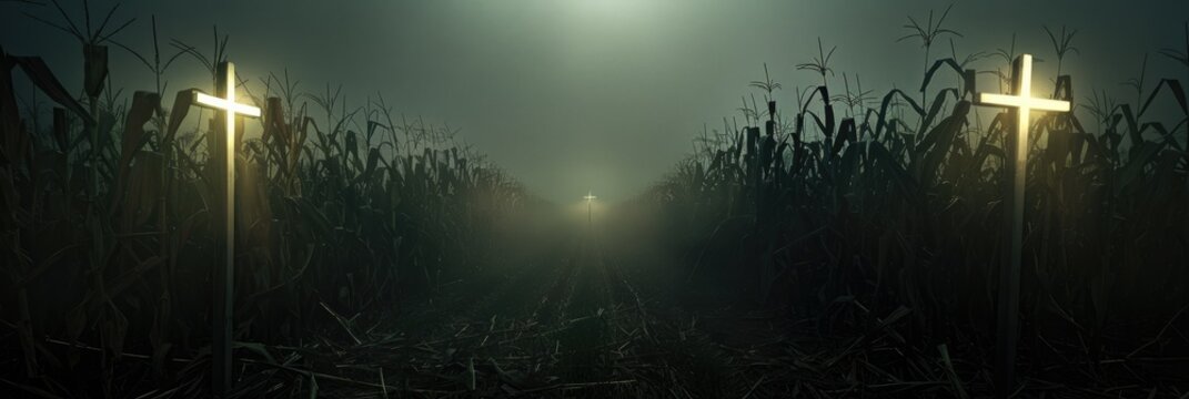 Foggy night with glowing crosses in a cornfield - Mysterious and moody image of glowing crosses in a cornfield surrounded by fog, imparting a solemn ambiance