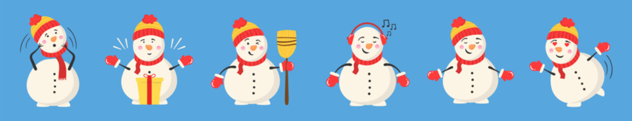 Snowman collection for Christmas and winter. Cheerful snowmen in different costumes. Set of characters cartoon in flat design. Vector illustration