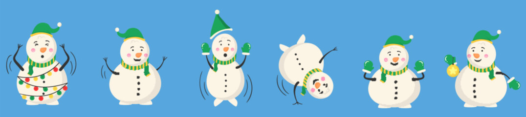 Snowman collection for Christmas and winter. Cheerful snowmen in different costumes. Set of characters cartoon in flat design. Vector illustration
